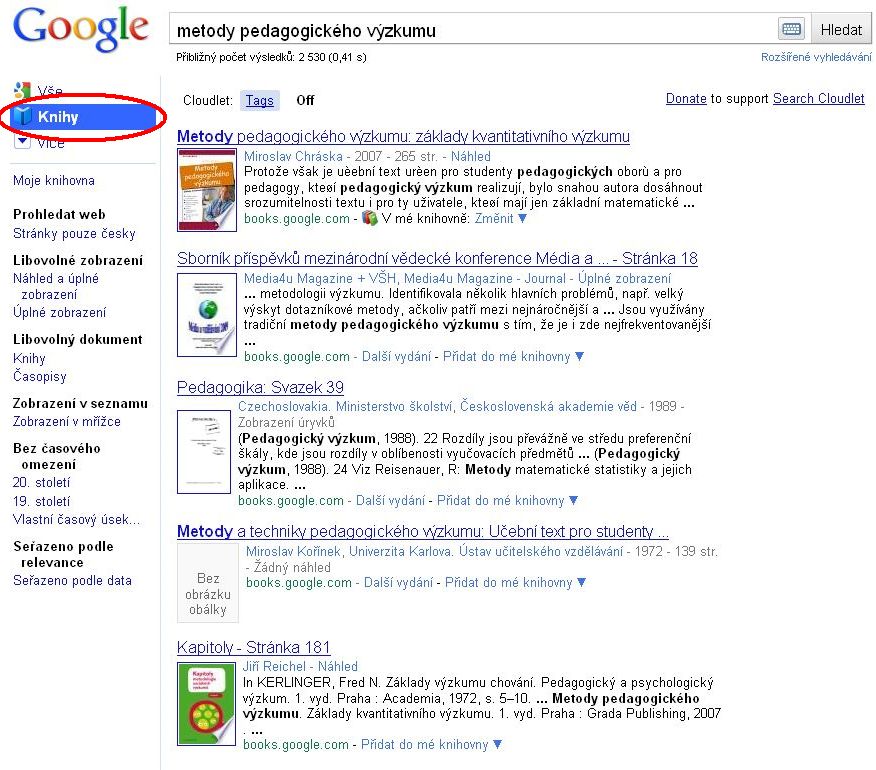 Ukázka výsledků hledání v knihách na Googlu