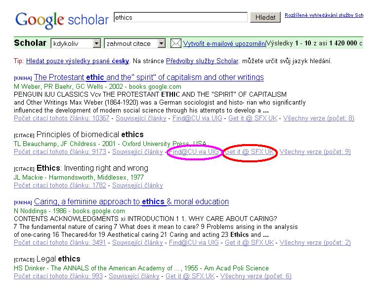 Ukázka výsledků vyhledávání v Google scholar