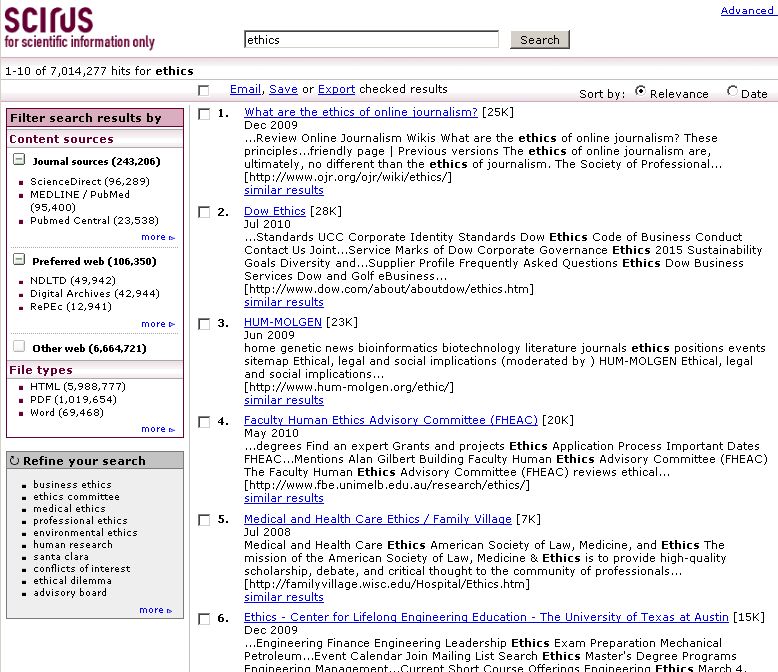 Ukázky výsledků vyhledávání ve vyhledávači Scirus