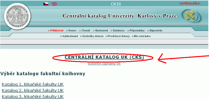Ukázka vstupní stránky katalogů Univerzity Karlovy